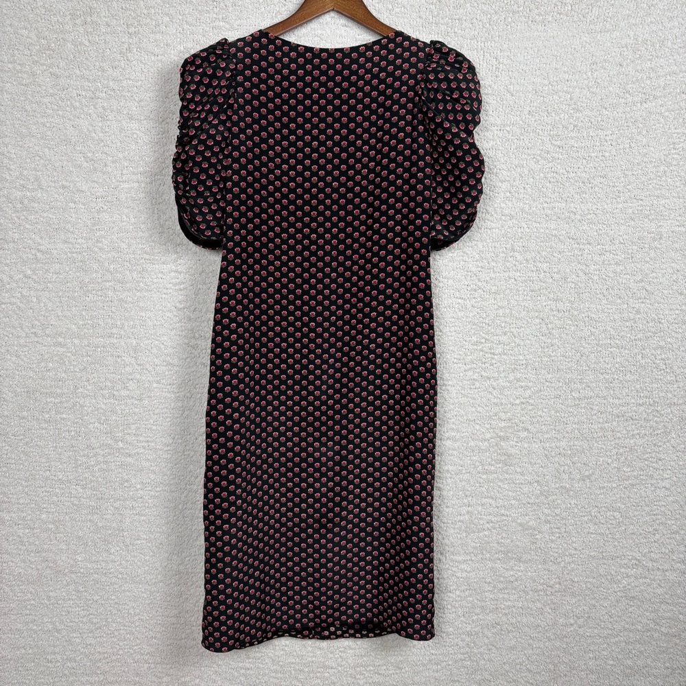 Hand Made‎ Dress Womens Lg Black Red Floral Puff Sleeve Back Zip Lined Midi